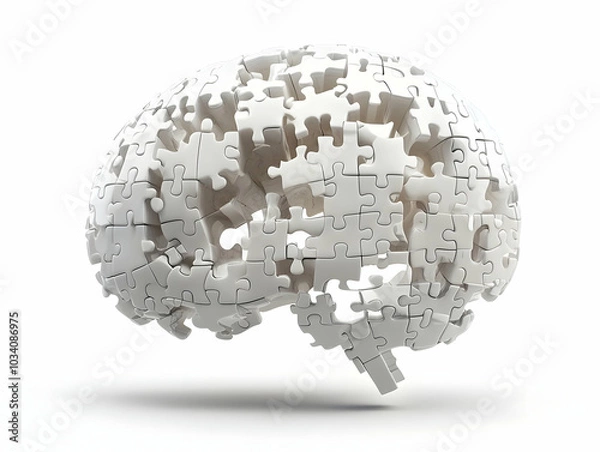 Fototapeta Flat Holographic White Puzzle Pieces Creating a Complete Brain Concept - Wide Shot of Smartly Assembled Puzzle Pieces Emphasizing Mental Integration on White Background for Cognitive Health Messaging