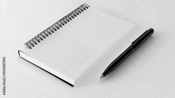 Fototapeta 3D Plain Notebook with Pen Concept: Minimalist Design on Glossy White Desk, Symbolizing Planning and Revenue Opportunities with Ample Copy Space