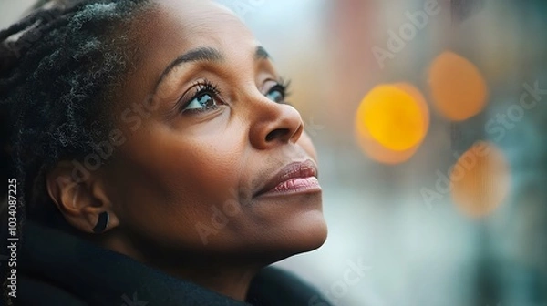 Fototapeta Close-up of the woman standing near the Statue of Liberty, New York, USA, her expression showing determination and focus, a reflection of her immigrant heritage and ambition