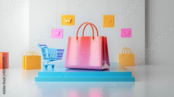 Fototapeta 3D Shopping Bag with Holographic Icons Above Glossy White Floor - Concept of Online Shopping and Discounts with Floating Buy Button