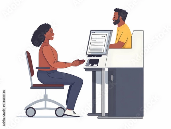 Fototapeta Flat Voter Accessibility Support: Election Volunteer Aides Voter with Disability - Medium Shot Illustrating Patience, Determination & Accessible Voting Equipment on White Background