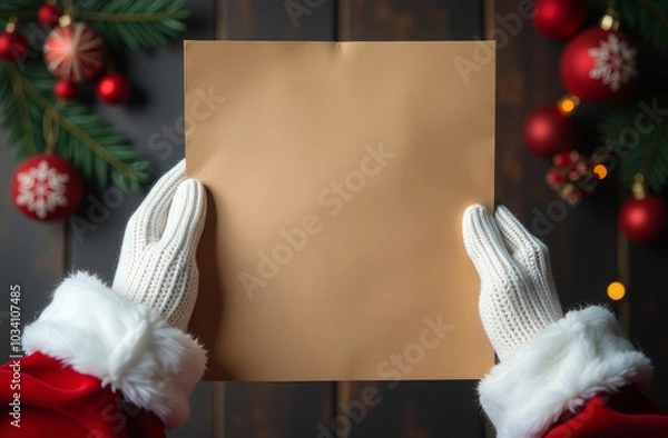 Obraz Top view, a piece of paper in the hands of Santa Claus. The hands are wearing white gloves. On a wooden background Christmas balls and spruce branches in blur. Mock up