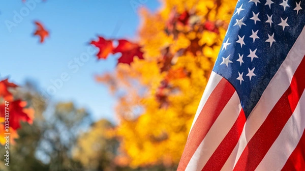 Fototapeta American Flag with Fall Foliage Background Patriotic Autumn Scene
