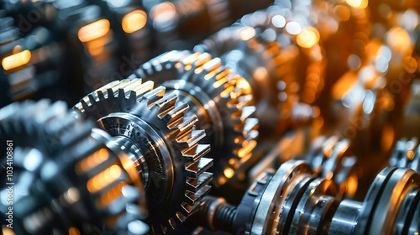 Fototapeta Closeup detail silver metal metallic gear parts industrial machinery shiny reflection texture for precision engineering technology mechanical design equipment workshop tools craftsmanship cog wheel