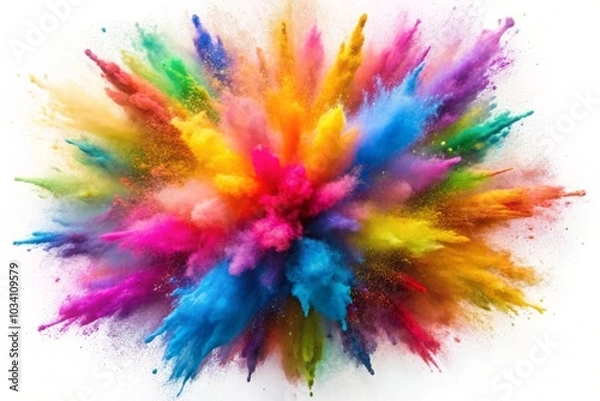 Fototapeta Colorful powder explosion isolated on white background, abstract splatter of colored dust powder , explosion, splash