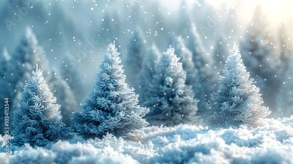 Obraz Snow-covered trees basking in soft winter light at dawn in a tranquil forest