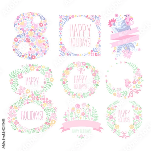 Fototapeta Greeting Card with March 8. Vector Illustration Set