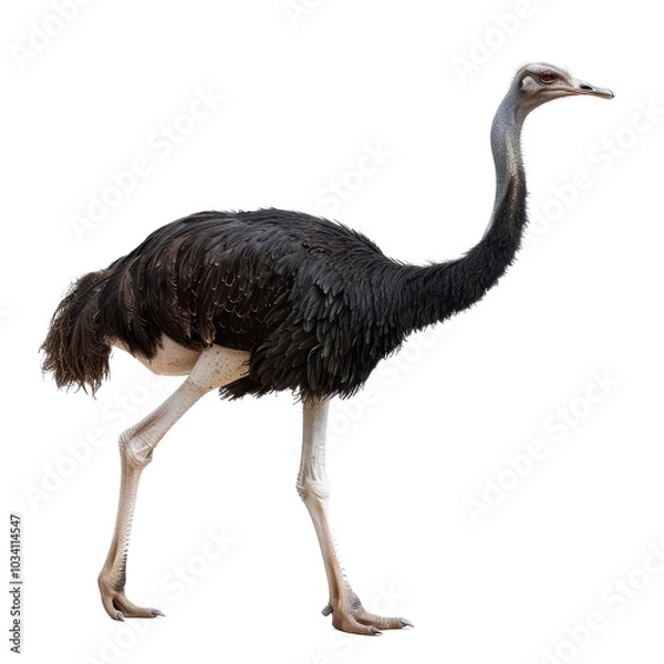 Fototapeta A large black ostrich walking gracefully on a transparent background during daylight in a studio setting