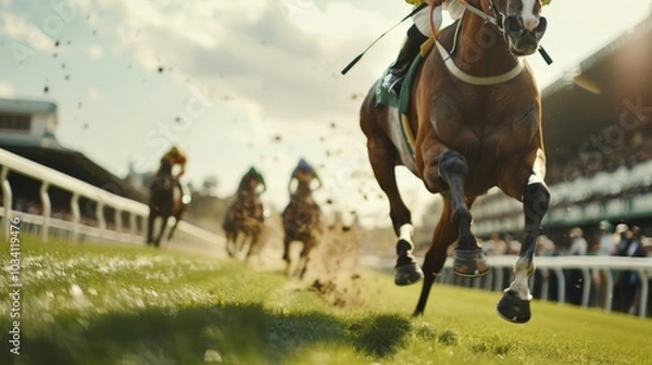 Fototapeta Exciting moment in a horse race at a vibrant racetrack during the afternoon under a bright sky