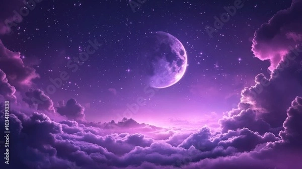 Obraz A crescent moon shines brightly in a purple night sky, surrounded by fluffy clouds and sparkling stars.