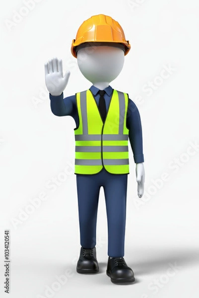 Fototapeta 3d human at a stop pose. Green luminous protective vest, protective helmet