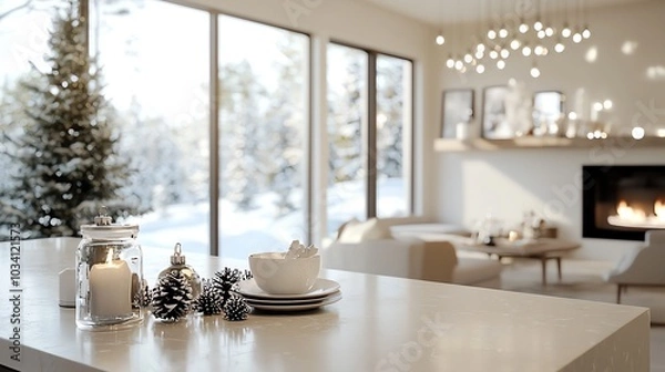 Fototapeta Openconcept living and dining area with subtle Christmas accents, modern holiday style, 3D illustration