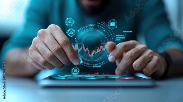 Fototapeta Man using tablet with digital holographic interface