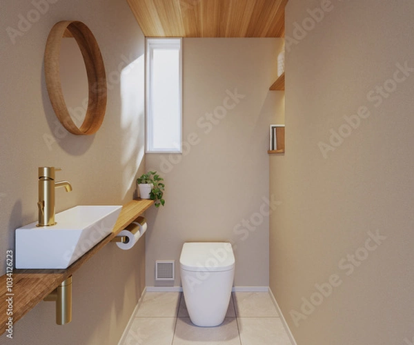 Fototapeta トイレデザイン　木と真鍮がお洒落な北欧ナチュラルテイストのインテリア