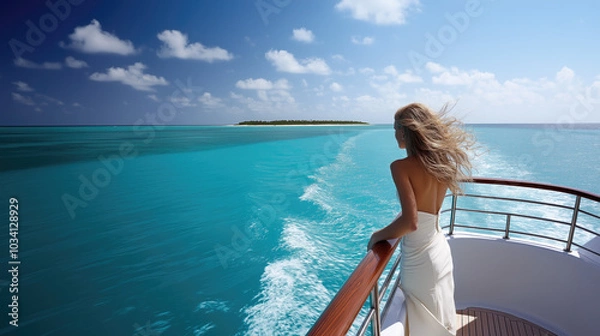 Obraz ocean, captured from the deck of a luxurious yacht.  polished wooden railing with crystal-clear turquoise water stretching out before it. In the distance, a tropical island with lush, green palm trees