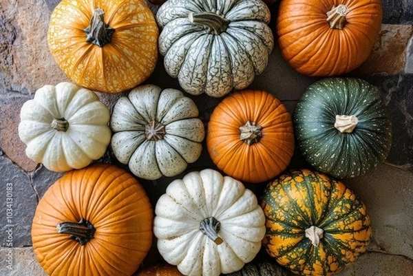 Fototapeta An assortment of colorful pumpkins in different shapes and sizes arranged on a textured stone backdrop in fall