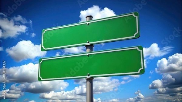Fototapeta Blank Green Road Sign with White Border and Screws Against a Blue Sky with White Fluffy Clouds