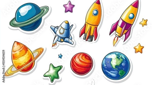 Fototapeta A colorful vector set of cartoon space stickers with rockets, planets, and stars on a white background