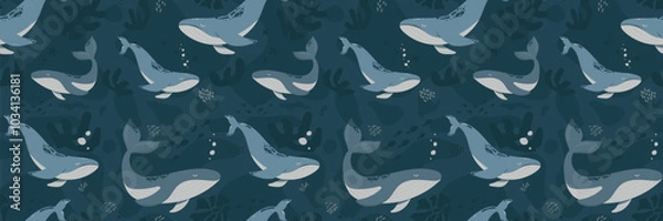 Fototapeta Hand drawn marine life. Seamless pattern with wild sea animals, seaweed and corals. Children's illustration on blue background. Cartoon whales and sperm whales bright colors.