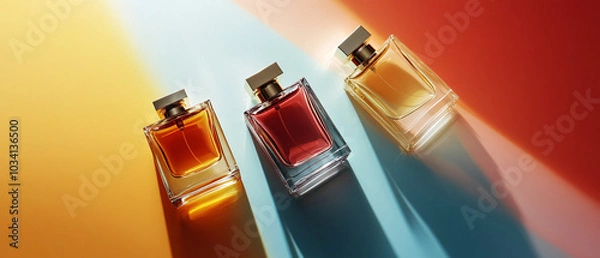 Obraz three glass perfume bottles on colorful background