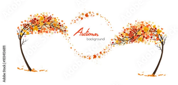 Fototapeta Autumn abstract background with two trees and flying colorful leaves. Vector.