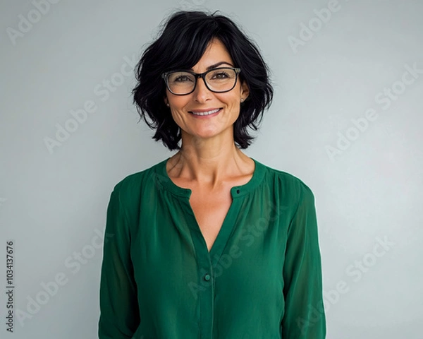 Obraz A photograph of a happy and smiling, attractive middle-aged woman in a green blouse with black hair.