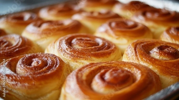 Fototapeta  Close-up of freshly baked cinnamon rolls with a glossy icing glaze.