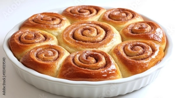 Fototapeta  Close-up of freshly baked cinnamon rolls with a glossy icing glaze.