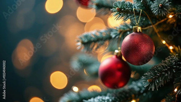 Fototapeta Vibrant holiday scene, featuring a beautifully decorated Christmas tree adorned with colorful ornaments. The background is filled with softly blurred, sparkling lights and warm gold bokeh effects