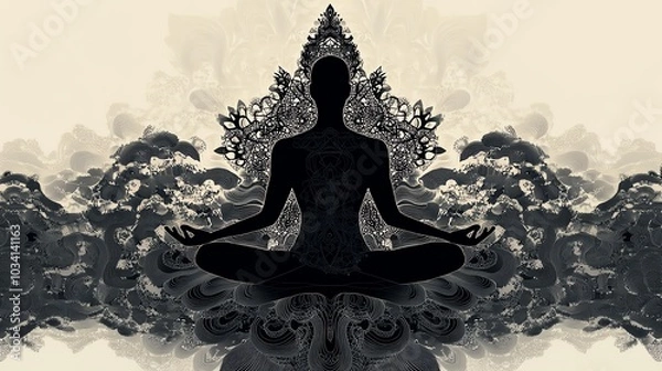 Fototapeta Symmetrical human silhouette in meditation pose, layered with intricate paper cut geometric patterns, ideal for mindfulness or wellness projects