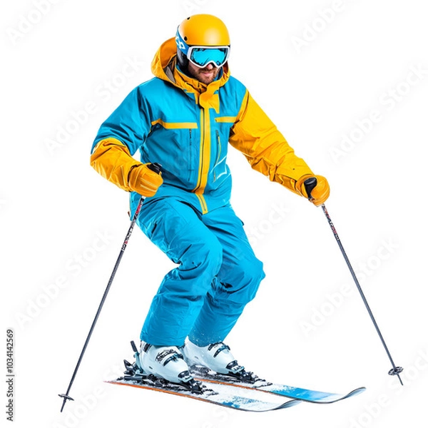 Obraz Skier in vibrant gear enjoying a day on the slopes, isolated on a white background.