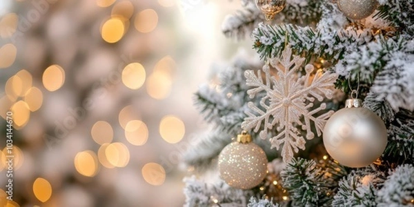 Fototapeta Merry Christmas and Happy New Year with a decorated Christmas tree festive background.