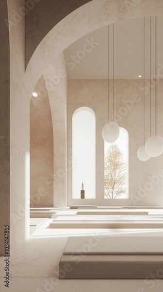 Fototapeta A minimalist modern living hall design with arched ceilings and curving walls.	