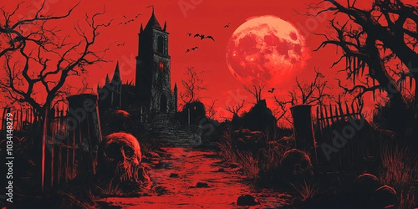 Fototapeta Halloween Background,Silhouette of trees against a vibrant orange sunset sky with a full moon with castle,Generated By Ai