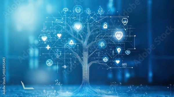 Fototapeta A digital tree with glowing health and medical icons, representing the growth of healthcare technology.