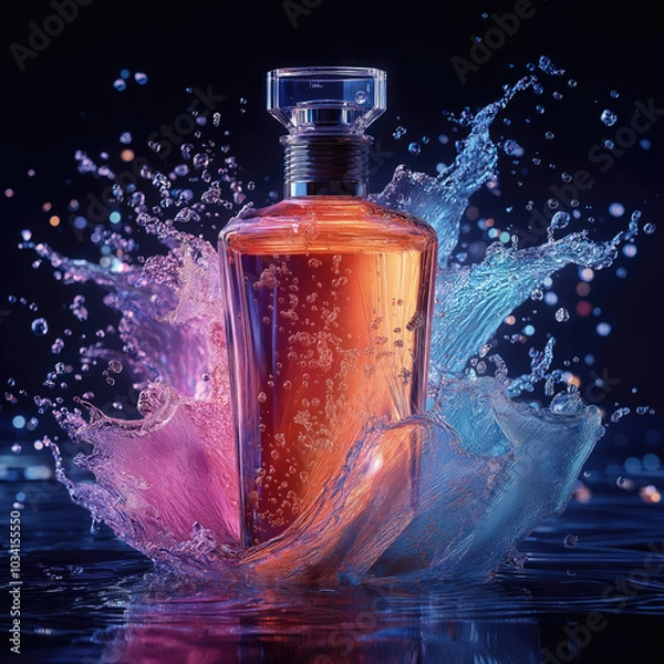 Obraz  Perfume Fragrance  Bottle on the water,  with intricate floral patterns on the body of the bottle,  Splashing Water
