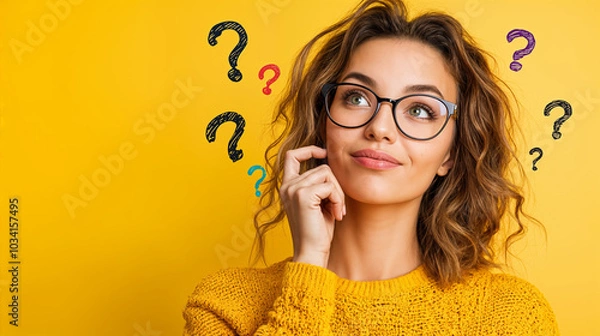Fototapeta pensive woman with question marks on yellow background, generative ai