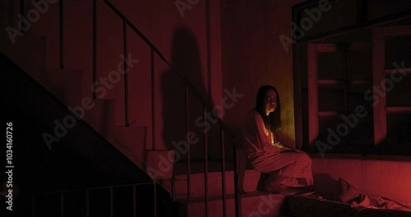Obraz Horror scene of a mysterious Scary Asian ghost woman creepy have hair covering the face sitting on staircase at abandoned house with background dark scene movie at night, festival Halloween concept