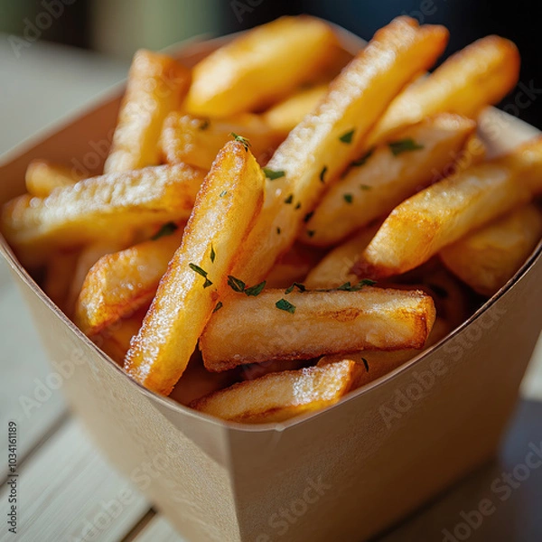 Obraz  delicious crispy french fries on a delivery container  