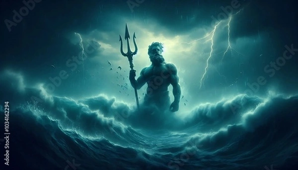 Fototapeta Majestic depiction of Poseidon, the Greek god of the sea, rising from stormy waves. Holding his iconic trident under dark skies, surrounded by crashing waters, lightning, and turbulent seas.