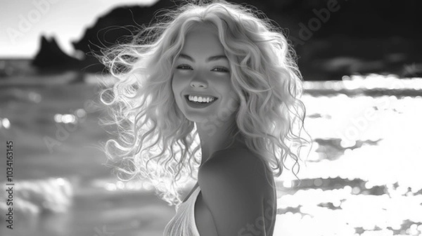 Obraz black and white photo of beautiful   Caucasian bleach blonde nordic european woman with long curly hair, smiling at camera, beach background, wind in her hair 