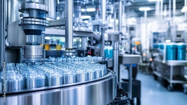 Fototapeta Automated beverage production line in a modern factory setting