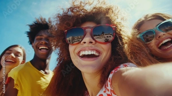 Fototapeta Multicultural cheerful friends taking selfie pic with smart mobile phone device - Youth community people laughing at camera together - Friendship concept with guys and girls having fun outdoors