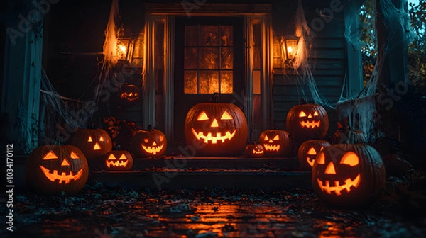 Fototapeta Spooky Halloween Porch with Glowing Jack O' Lanterns