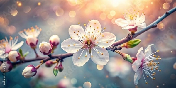 Fototapeta Delicate white blossoms on a branch bathed in soft, golden light, creating a mesmerizing spring scene.