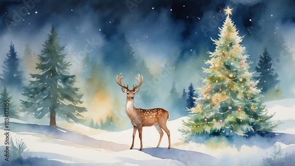 Obraz Gentle watercolor Christmas tree with glowing lights, and a deer resting beneath it
