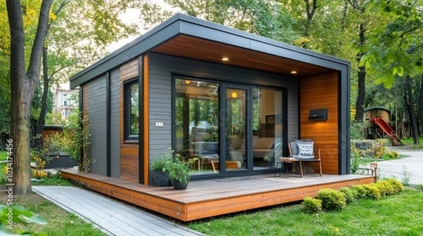 Fototapeta Accessory dwelling unit insights, exploring tiny house living, in-law cottage designs, building regulations, rental guidelines, benefits, and current design trends.