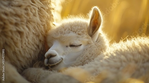 Obraz  Adorable baby alpaca peacefully sleeping beside its mother, surrounded by soft, warm light in a tranquil moment.