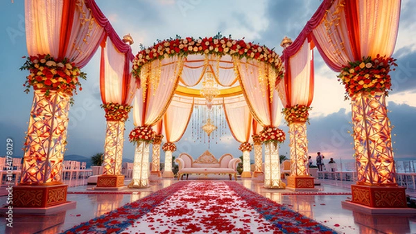 Obraz An elaborate wedding ceremony setup with a floral arch, draped fabric, and ornate pillars. A red carpet lined with petals leads to a white couch under the arch.
