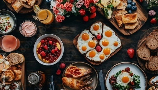 Fototapeta Delicious Spread Of Sweet And Savory Breakfast Items On A Dark Wood Background. Top View Of Brunch Table Set-Up. Rich Variety Of Foods.